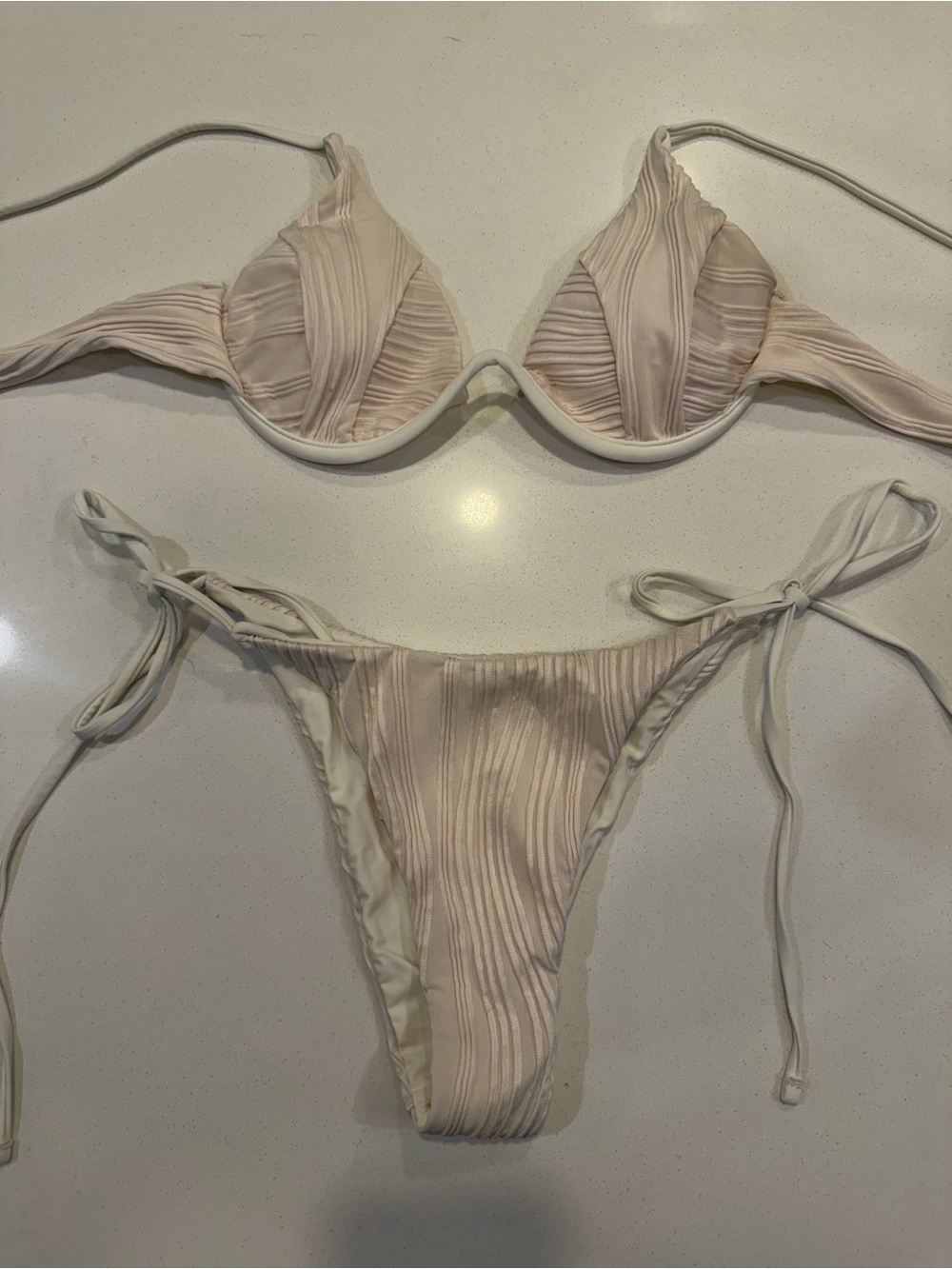 SeaMolly Ribbed Tie-Side Bikini Set in light beige. Size Small